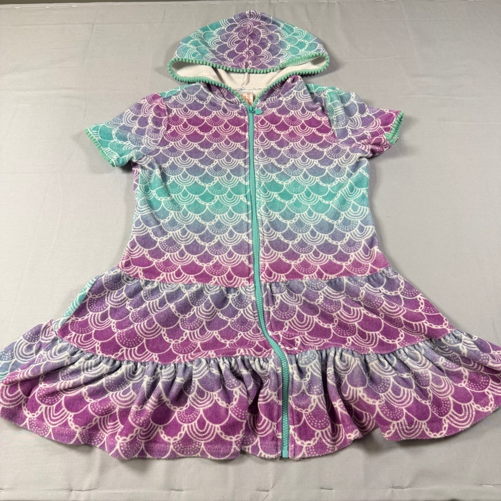 Cat & Jack Girls Mermaid Scale Hooded Zip Up Swim Cover Up Purple Teal M 7/8